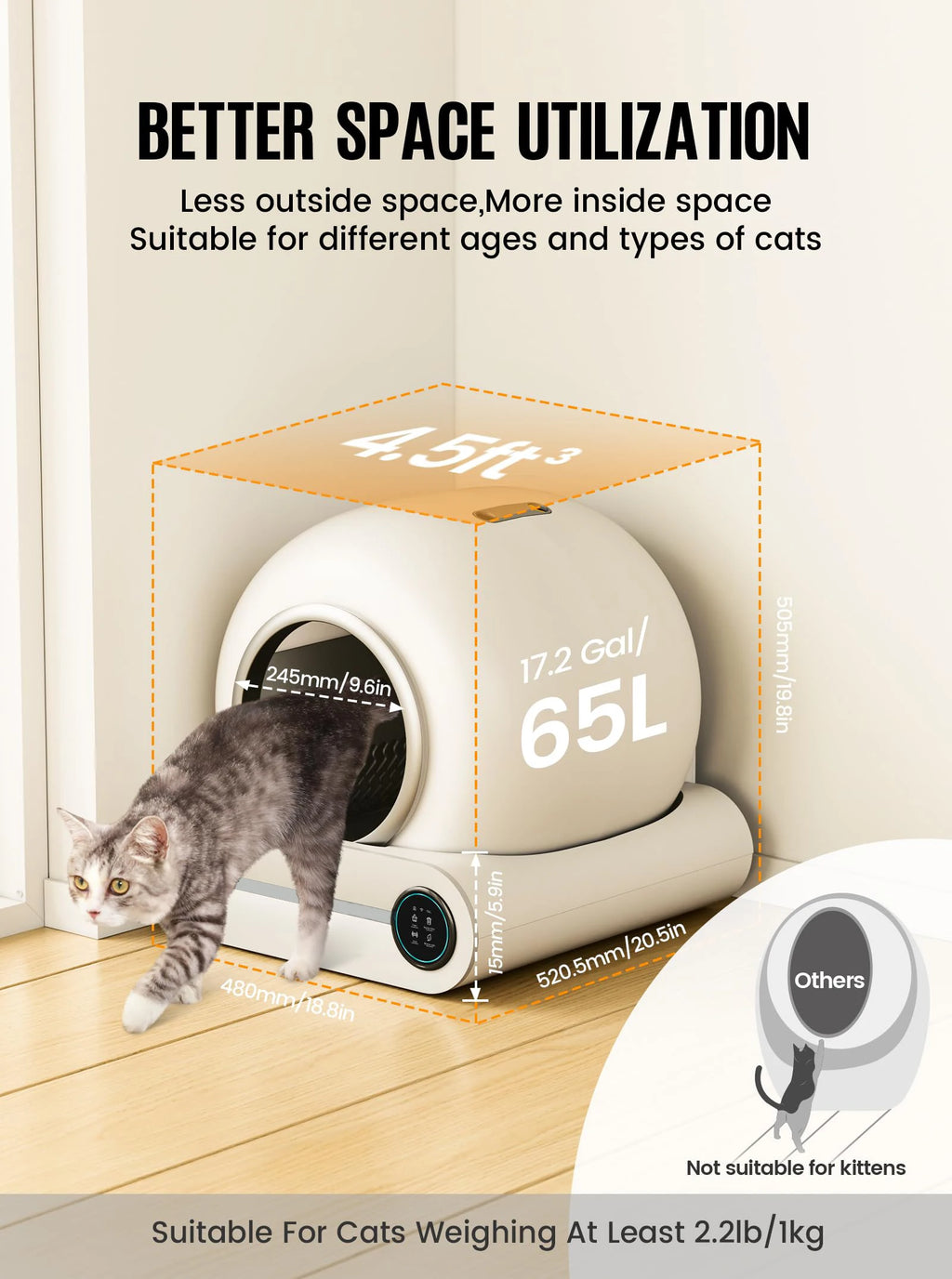 65L Smart Self-Cleaning Cat Litter Box Large Capacity Automatic App Control Closed Litter Box with Cat Litter Mat Garbage Bags