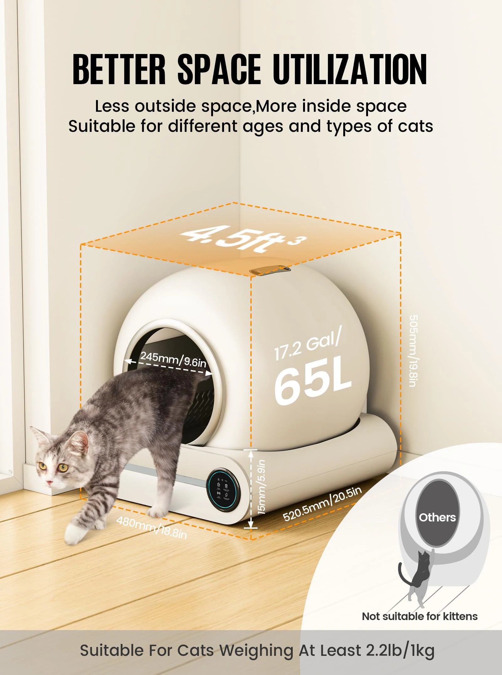 65L Smart Self-Cleaning Cat Litter Box Large Capacity Automatic App Control Closed Litter Box with Cat Litter Mat Garbage Bags