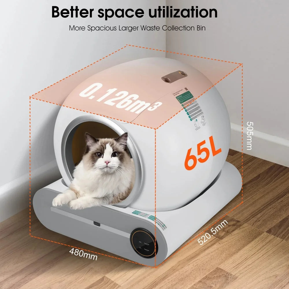 65L Smart Self-Cleaning Cat Litter Box Large Capacity Automatic App Control Closed Litter Box with Cat Litter Mat Garbage Bags