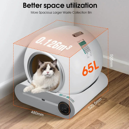 65L Smart Self-Cleaning Cat Litter Box Large Capacity Automatic App Control Closed Litter Box with Cat Litter Mat Garbage Bags