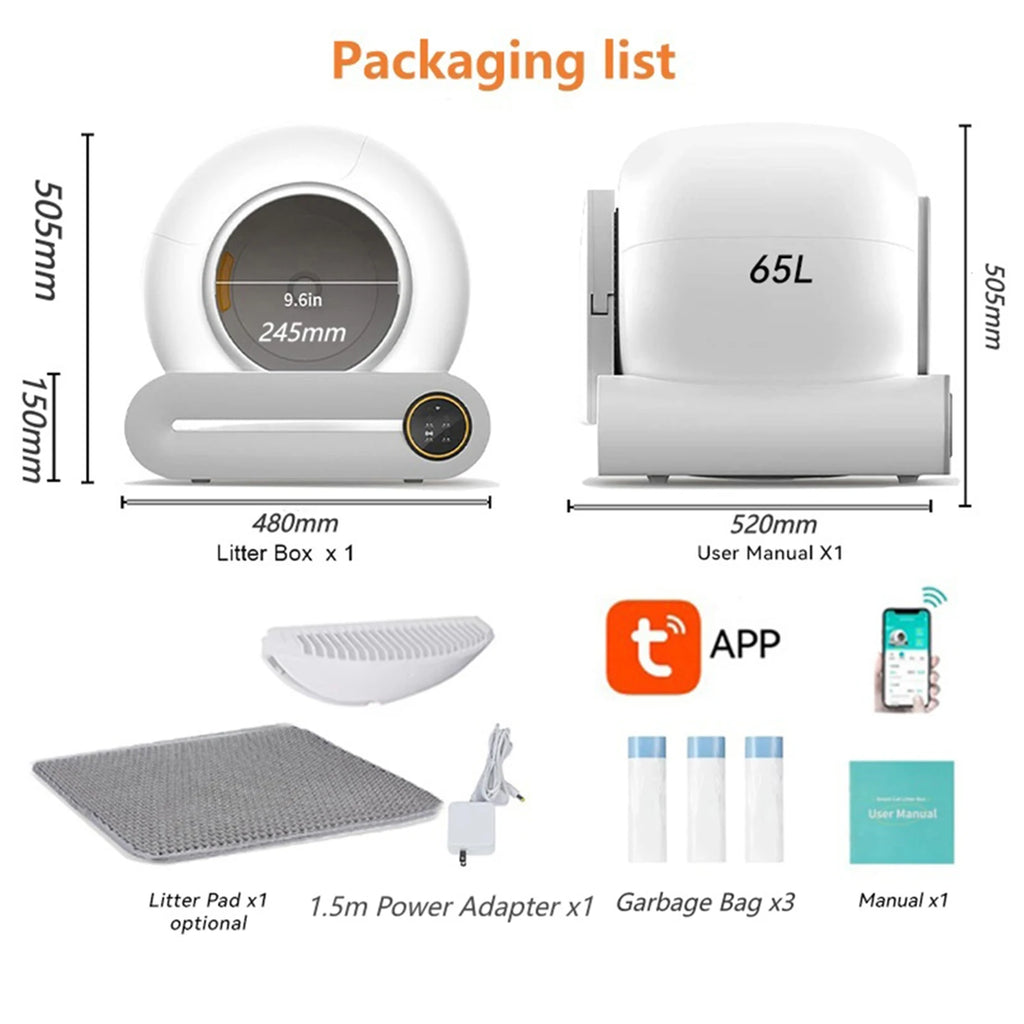 65L Smart Self-Cleaning Cat Litter Box Large Capacity Automatic App Control Closed Litter Box with Cat Litter Mat Garbage Bags
