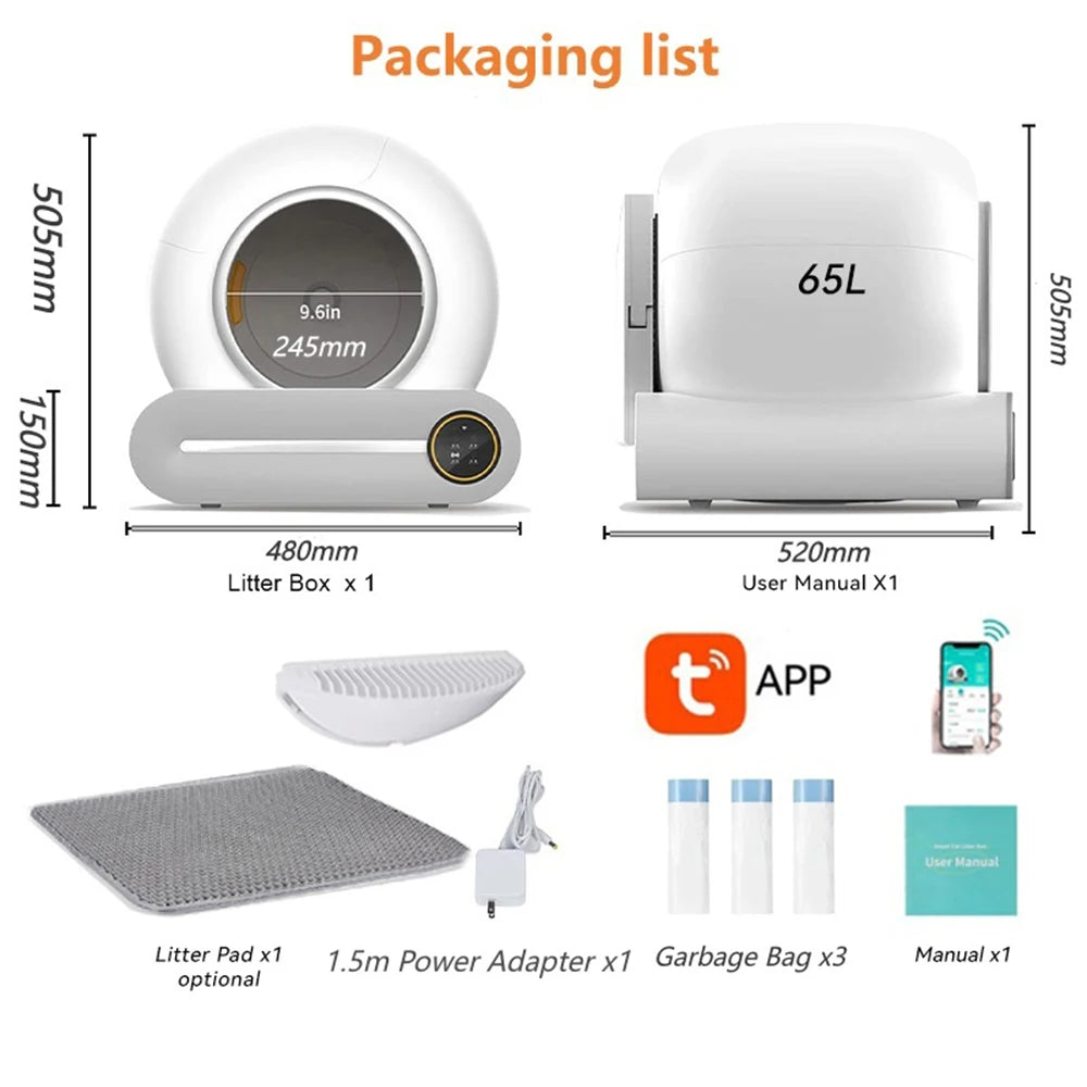 65L Smart Self-Cleaning Cat Litter Box Large Capacity Automatic App Control Closed Litter Box with Cat Litter Mat Garbage Bags