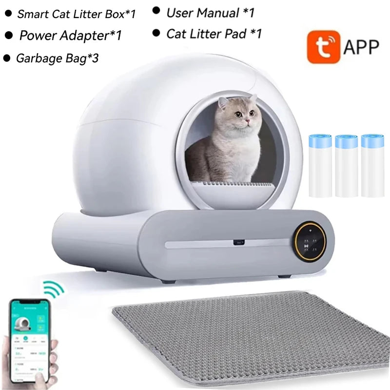 65L Smart Self-Cleaning Cat Litter Box Large Capacity Automatic App Control Closed Litter Box with Cat Litter Mat Garbage Bags