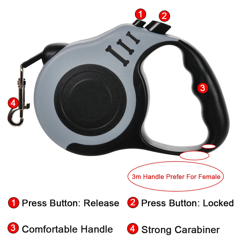 Trela Retrátil para Cão — 3m ou 5m, Nylon Resistente