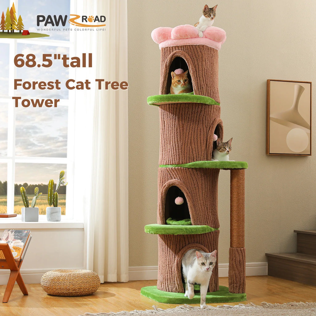 Large Cat Tree with 4 Spacious Condos Thick Scratching Post Flower Top Bed Tall Cat Tower for Indoor Luxury Cat House Bed Toys