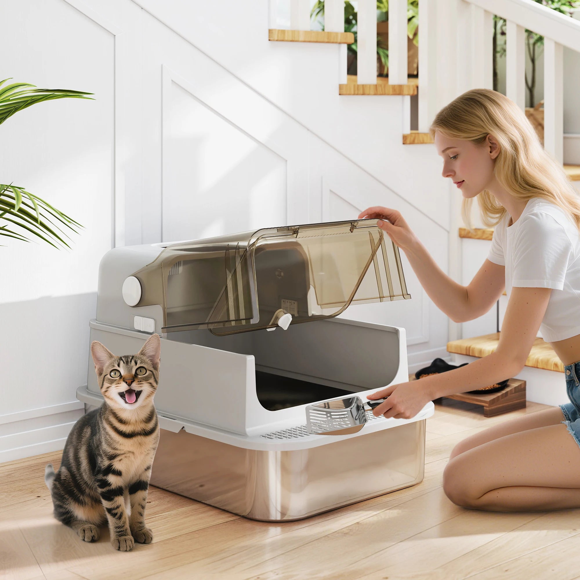 Caixa de Areia XXL Aço Inoxidável Pawhut — Entrada pelo Topo para Gatos Grandes