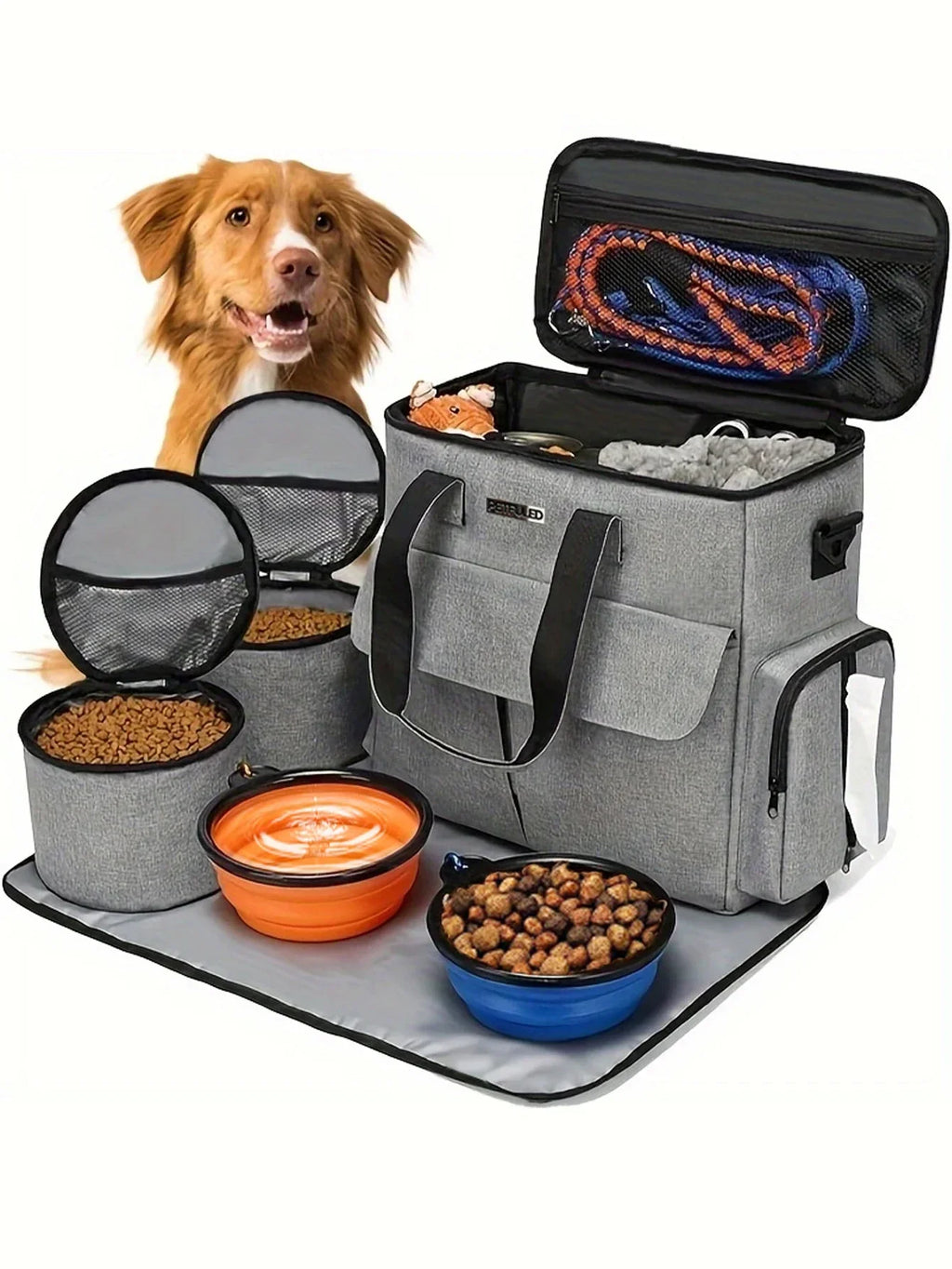 Conjunto de Viagem para Cão — 6 Peças, Aprovado para Avião, com Bolsos Multifunções