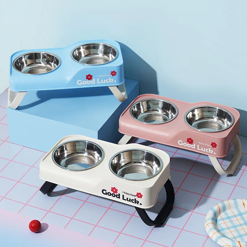 Comedouro Duplo Elevado em Aço Inoxidável — Antiderrapante, para Cão e Gato