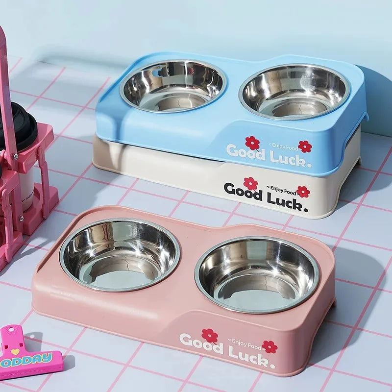 Comedouro Duplo Elevado em Aço Inoxidável — Antiderrapante, para Cão e Gato