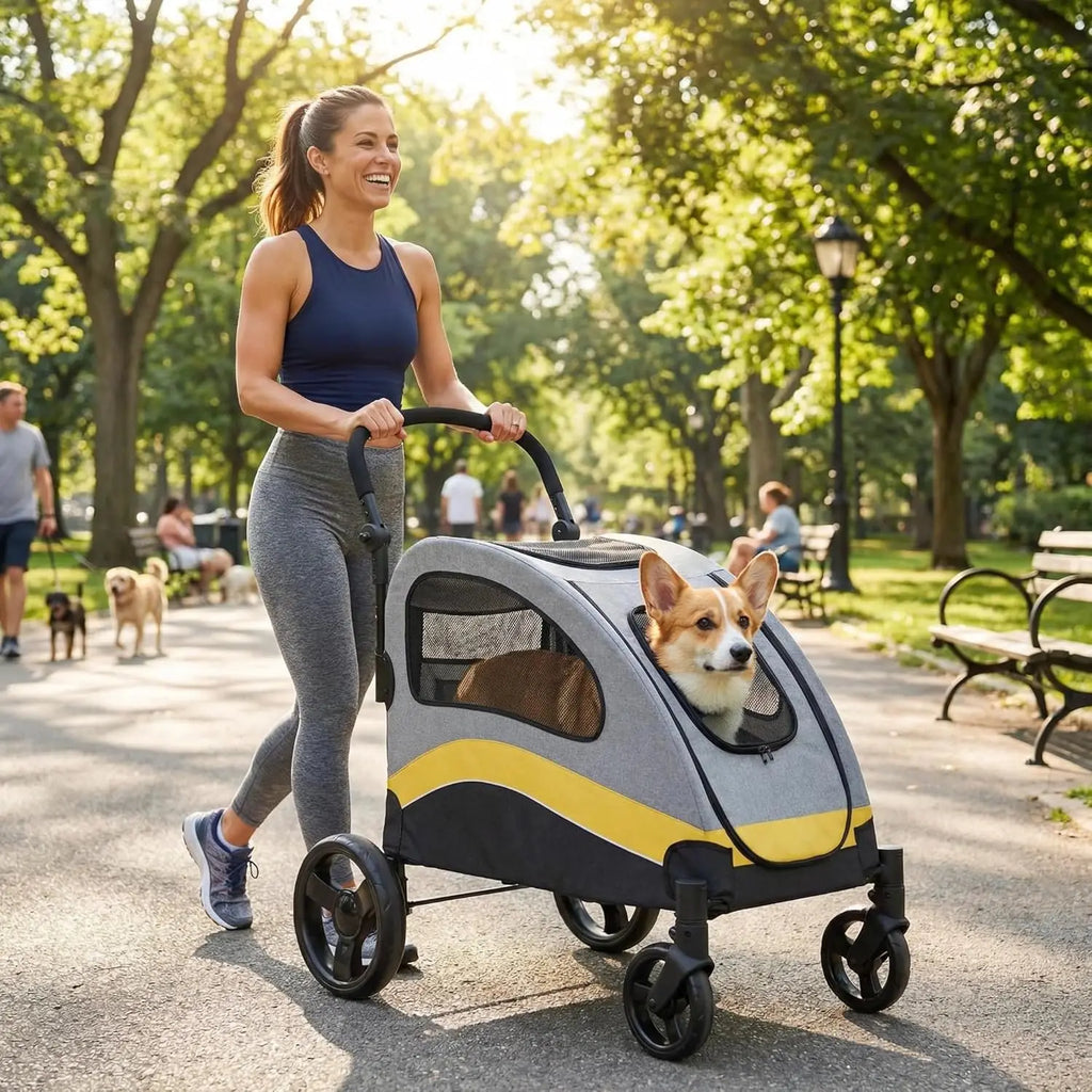 Dog Buggy Stroller Dog Box Transport Foldable Cat Stroller 360° Wear-resistant Rubber Wheels, Pet Wagon with Breathable Mesh