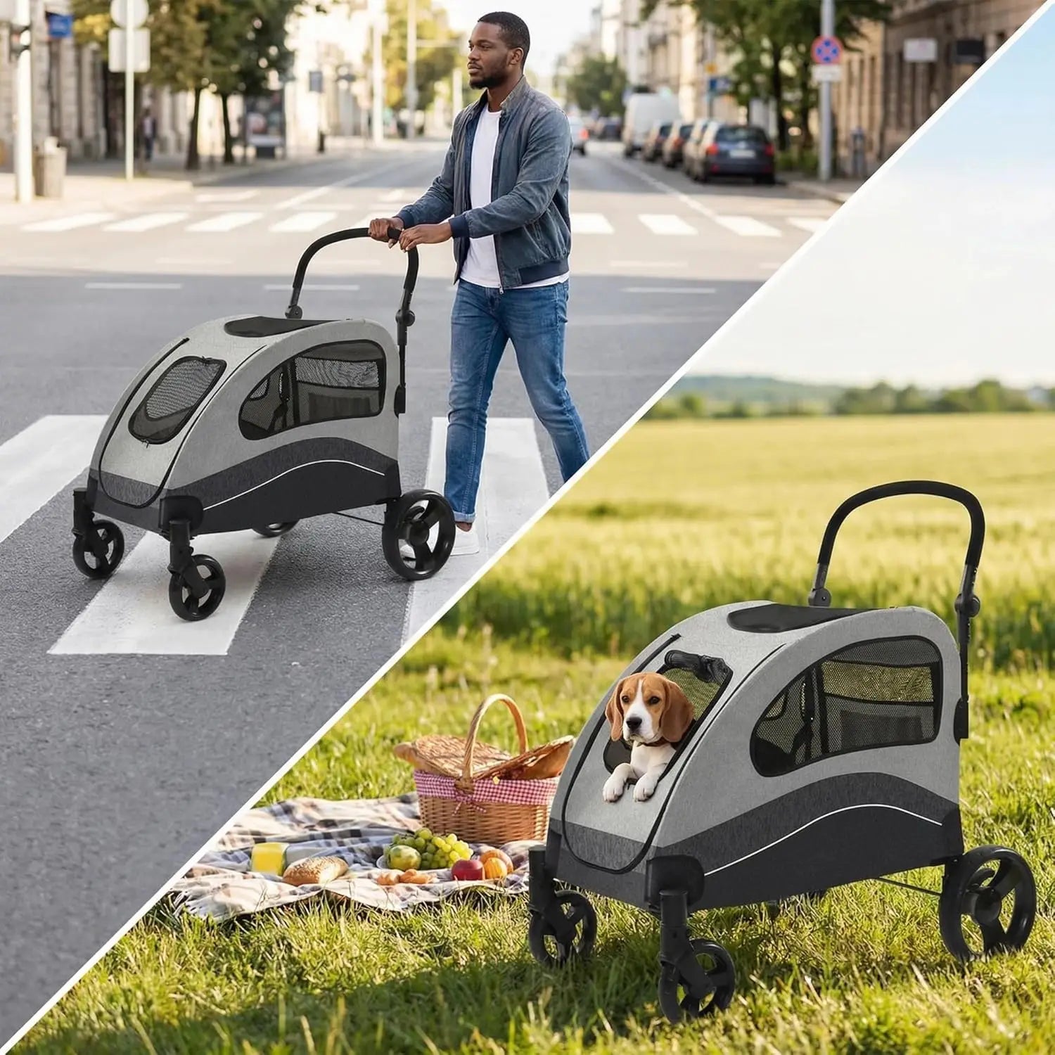 Dog Buggy Stroller Dog Box Transport Foldable Cat Stroller 360° Wear-resistant Rubber Wheels, Pet Wagon with Breathable Mesh