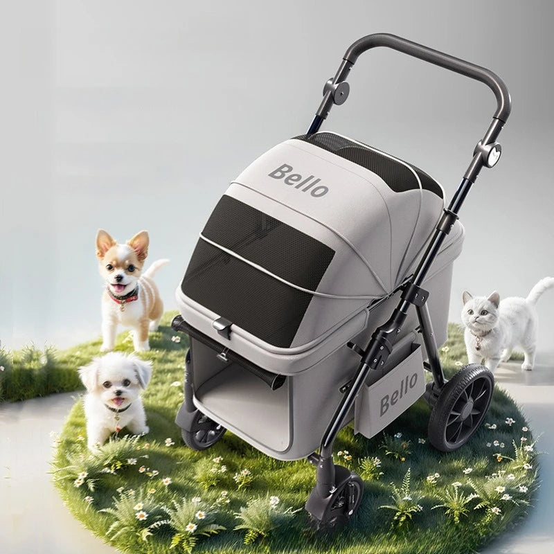 Bello YA03 Extra Large Space Pet Stroller Foldable Dog Cat Carrier Heavy Duty 60lbs Family Outdoor Travel Push Cart