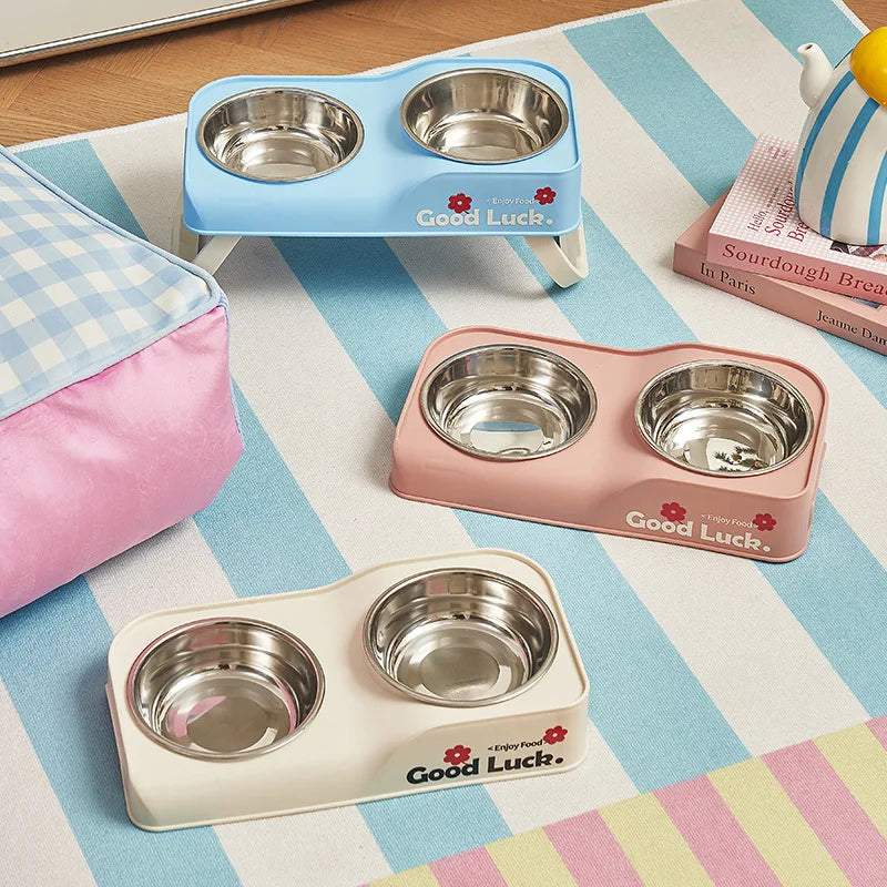 Comedouro Duplo Elevado em Aço Inoxidável — Antiderrapante, para Cão e Gato